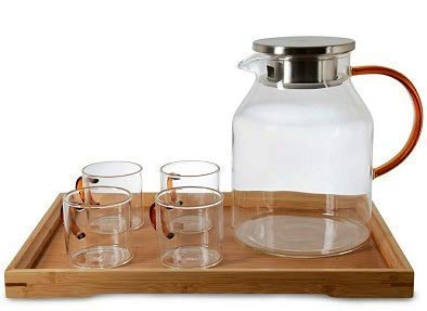 Borosilicate Tea Pot with Tea Mugs with Handle and Wooden Tray