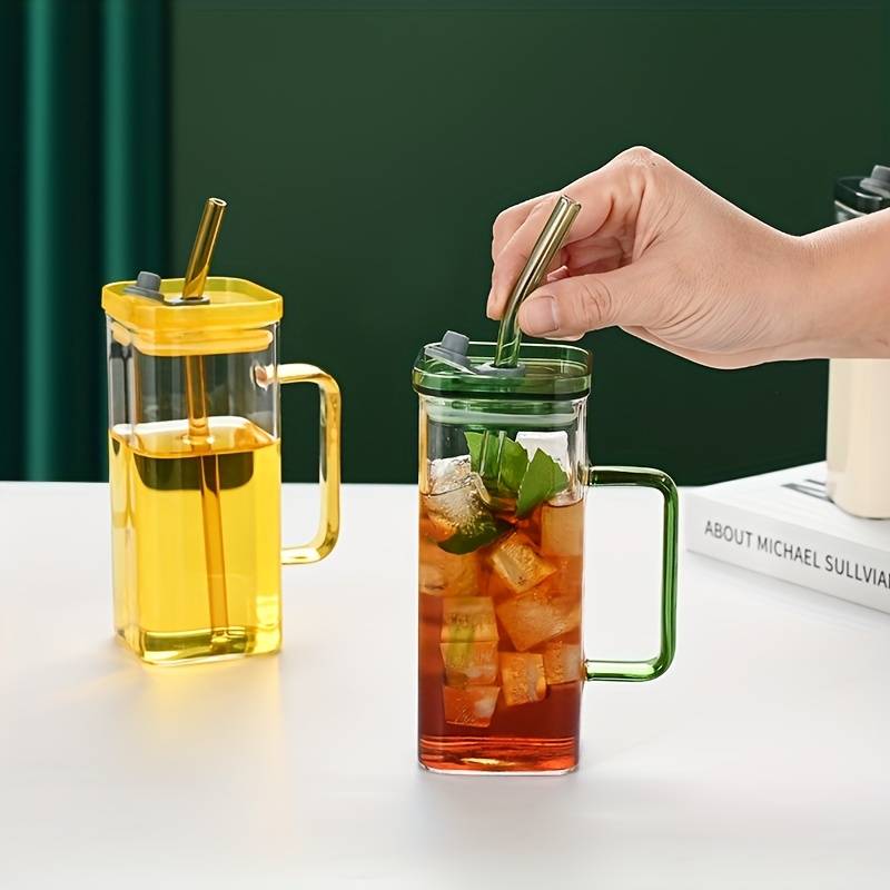 Square Printed Glass Cups with Lids and Straws with Colored - 400ML (Pack Of 4)