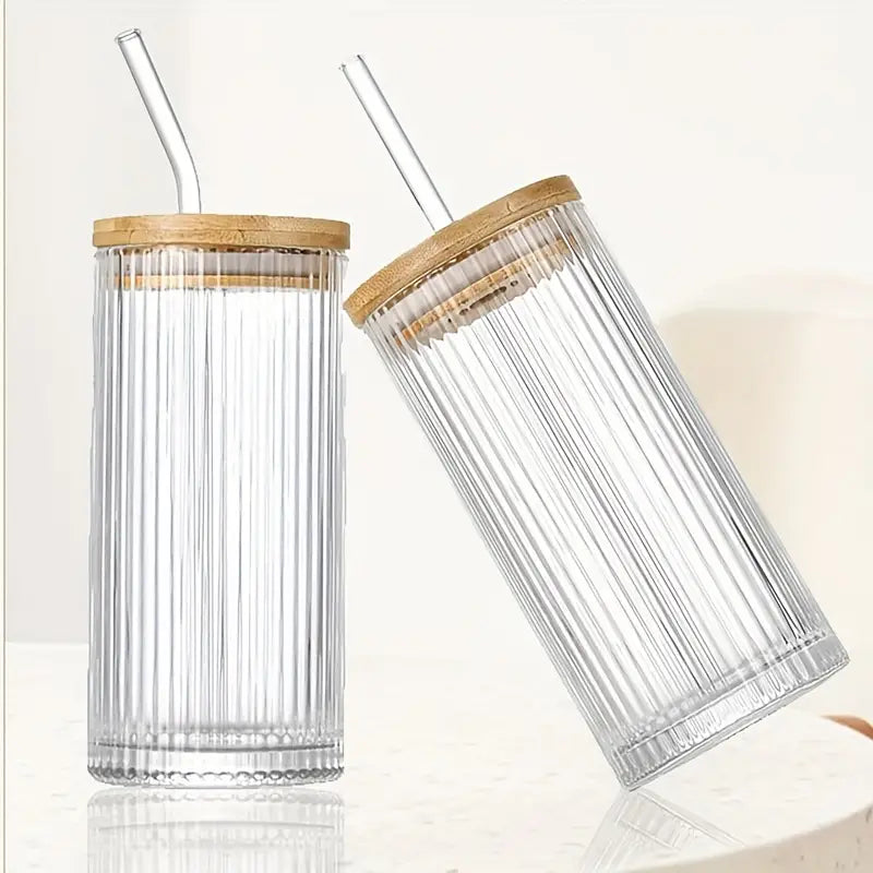 Vertical Stripe Glass Tumbler with Straw and Lid - Pack of 02 (500ML)