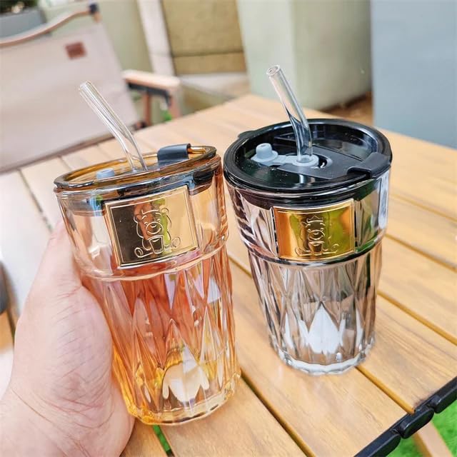 Glass Tumbler with Lid and Straw, Multicolor - 400ML (Pack Of 1)