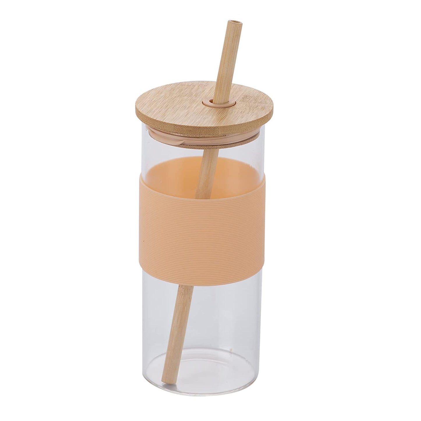 Glass Sipper with Silicon Straw & Bamboo lid - 400ML (1 Pcs)