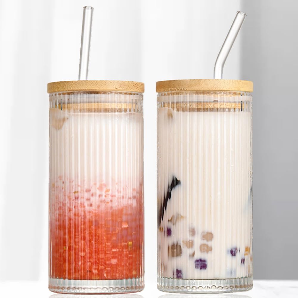 Vertical Stripe Glass Tumbler with Straw and Lid - Pack of 02 (500ML)