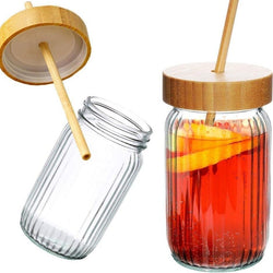 Can Shaped Stripe Mug with Bamboo Lid and Straw - 500ML (Pack Of 1)