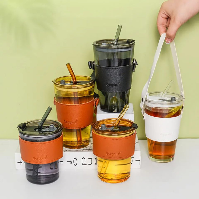 Glass Coffee Mugs with Lid - 450ml (1 Pcs)