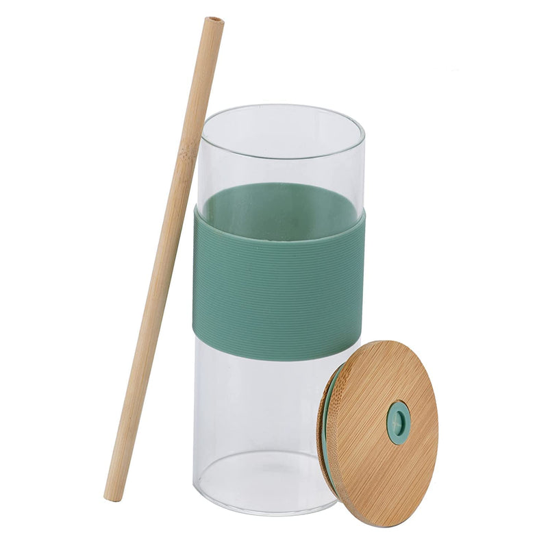 Glass Sipper with Silicon Straw & Bamboo lid - 400ML (1 Pcs)