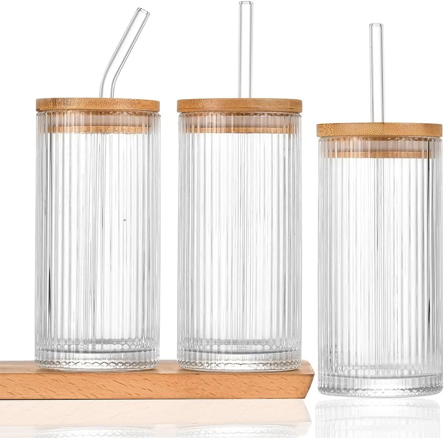 Vertical Stripe Glass Tumbler with Straw and Lid - Pack of 02 (500ML)