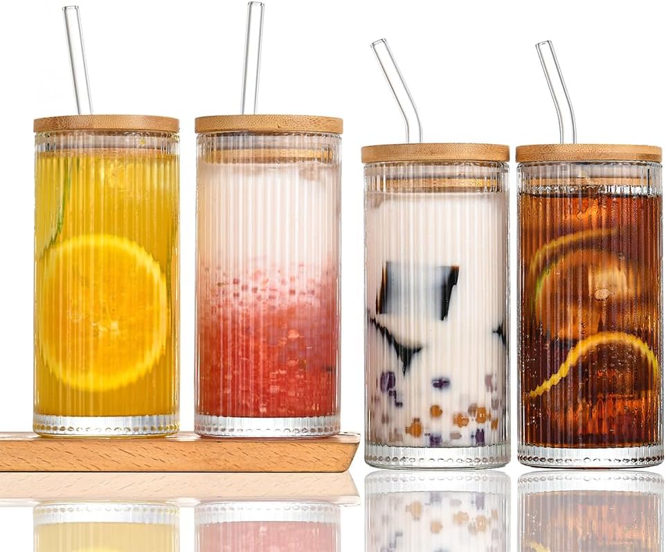 Vertical Stripe Glass Tumbler with Straw and Lid - Pack of 02 (500ML)