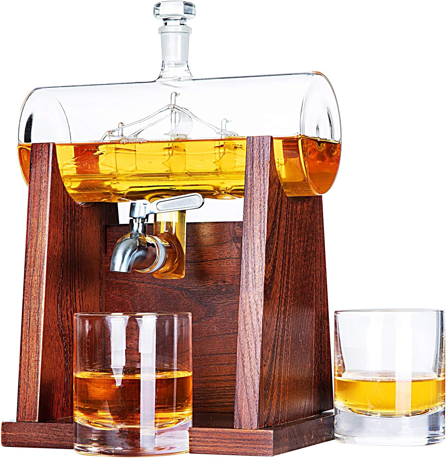 Carafe Ship Suite with 2 Whiskey Glasses and Wooden Stand - 1200ML