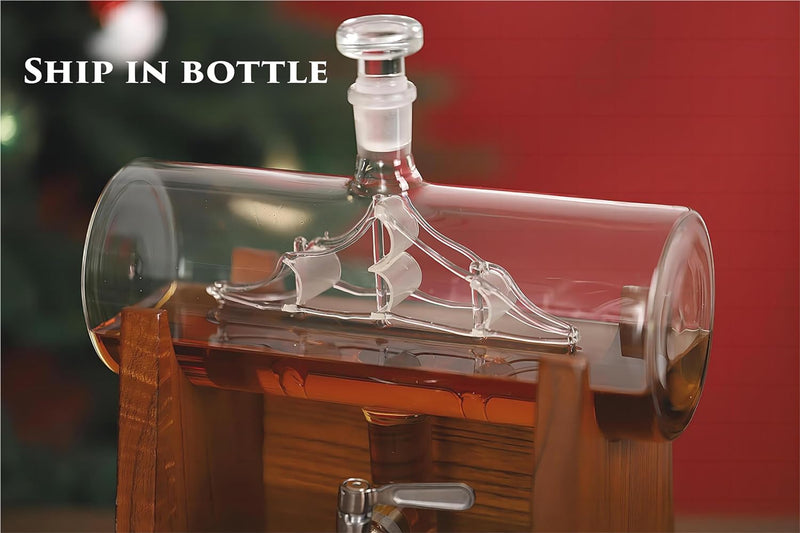 Carafe Ship Suite with 2 Whiskey Glasses and Wooden Stand - 1200ML
