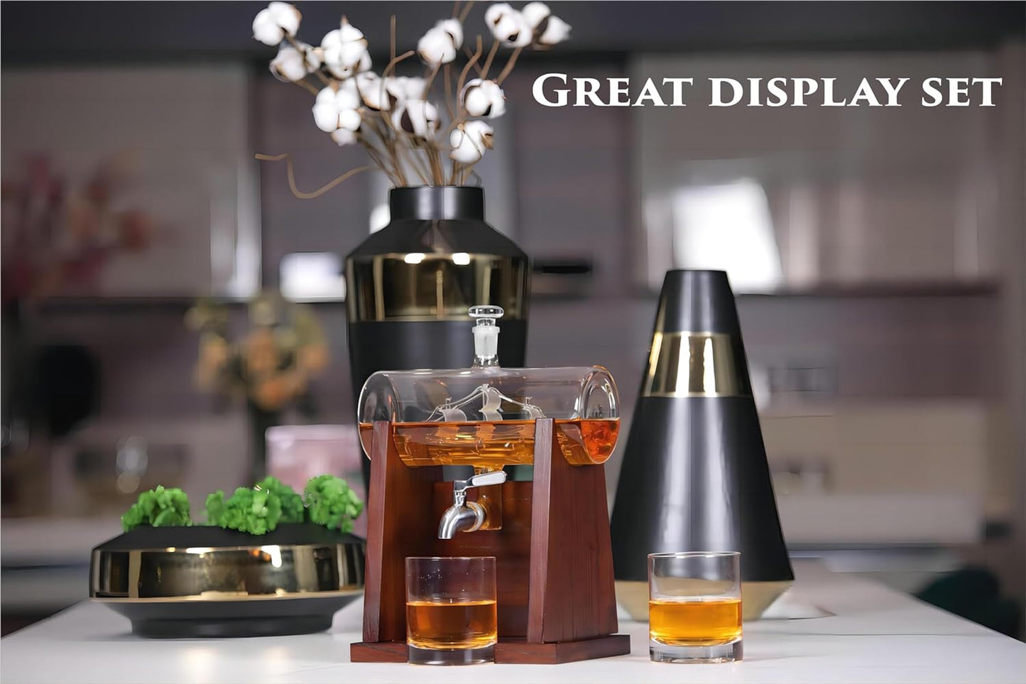 Carafe Ship Suite with 2 Whiskey Glasses and Wooden Stand - 1200ML