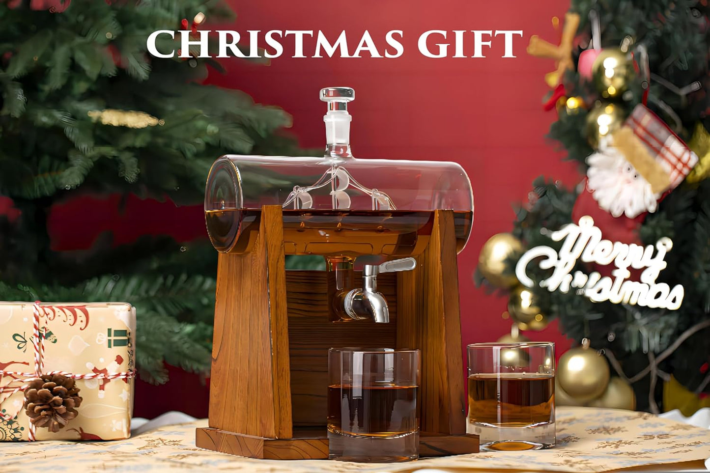 Carafe Ship Suite with 2 Whiskey Glasses and Wooden Stand - 1200ML