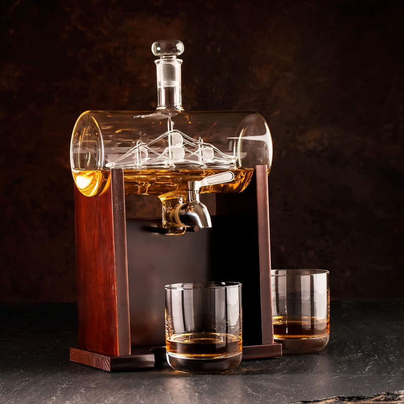 Carafe Ship Suite with 2 Whiskey Glasses and Wooden Stand - 1200ML