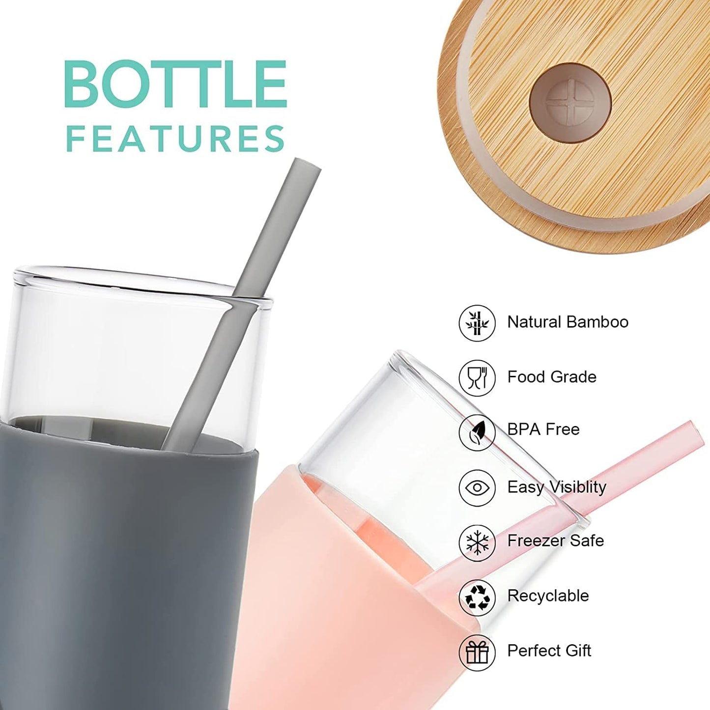 Glass Sipper with Silicon Straw & Bamboo lid - 400ML (1 Pcs)