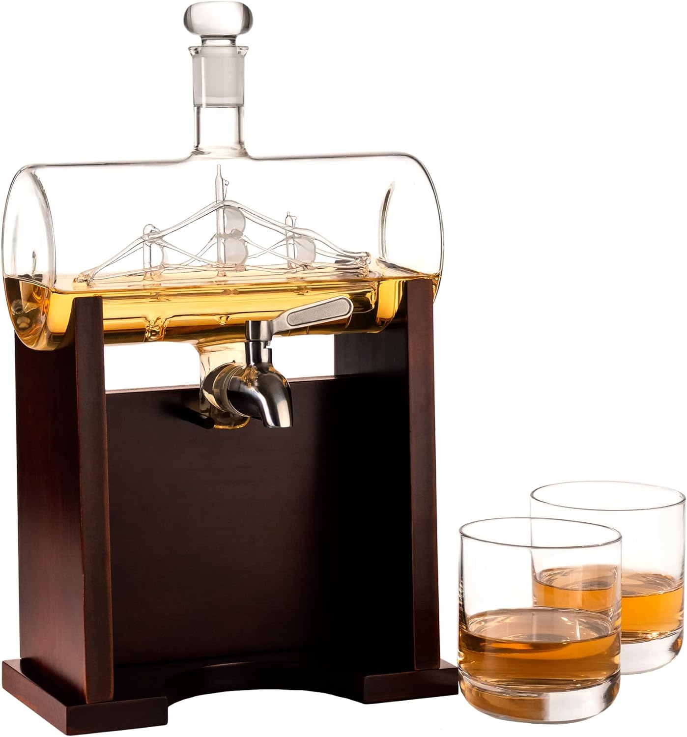 Carafe Ship Suite with 2 Whiskey Glasses and Wooden Stand - 1200ML