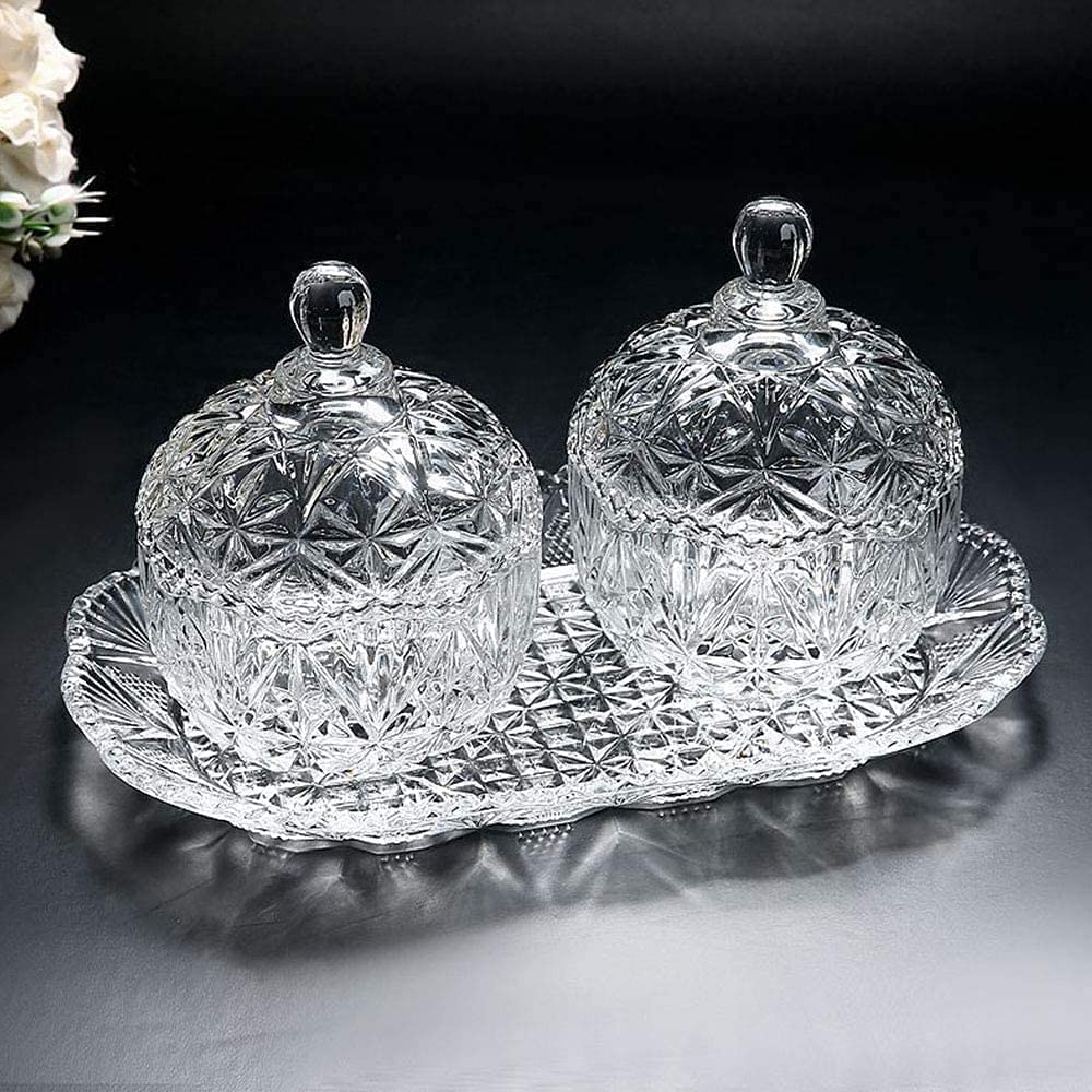 Crystal Glass Candy Round Shape jar Serving Bowl with Tray -Set of 3 Piece