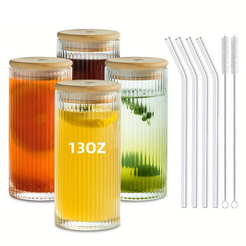 Vertical Stripe Glass Tumbler with Straw and Lid - Pack of 02 (500ML)