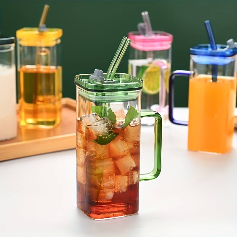 Square Printed Glass Cups with Lids and Straws with Colored - 400ML (Pack Of 4)