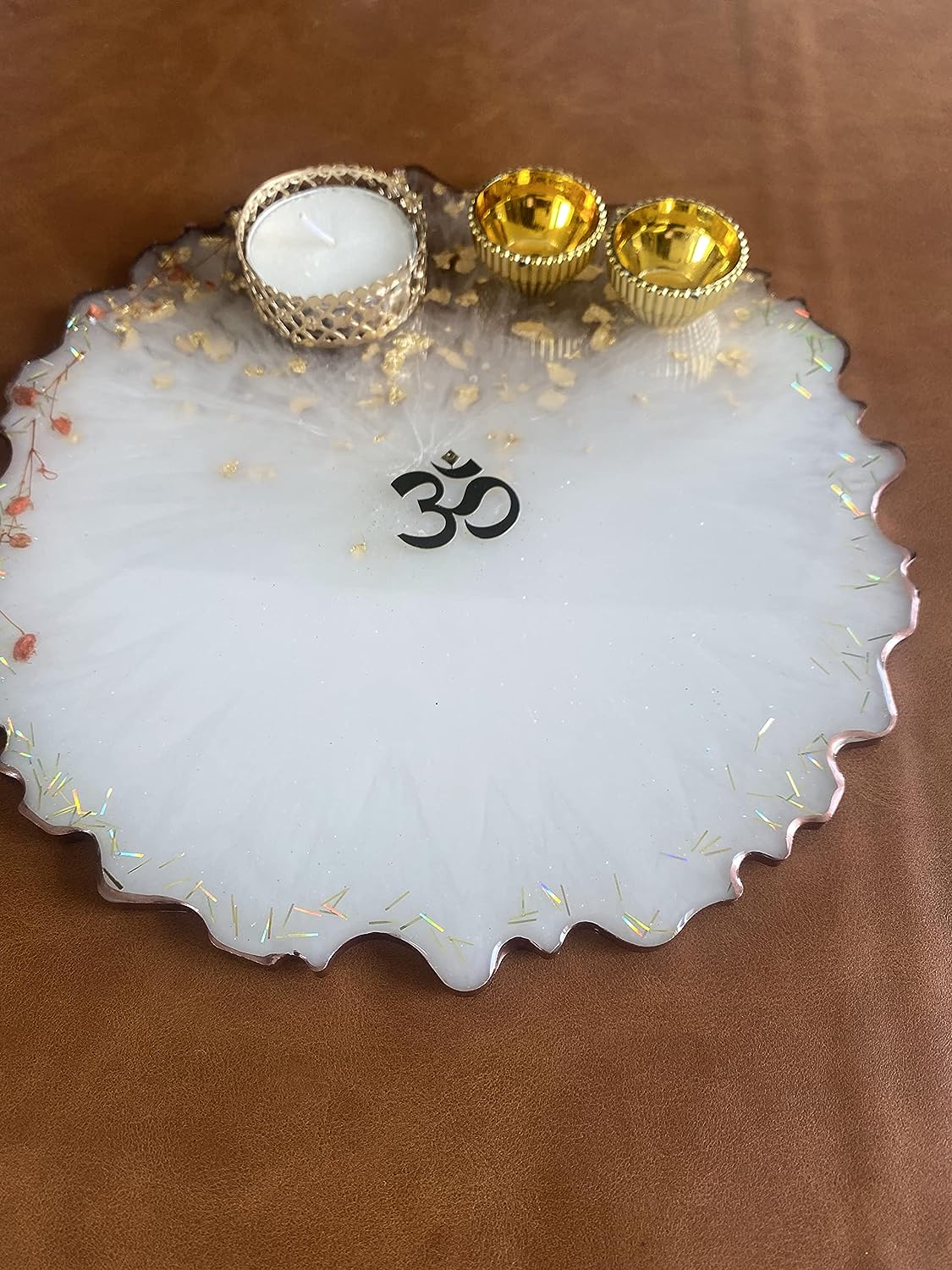 Resin Handmade Arti Thali, Decorative Pooja thali Set - Om White