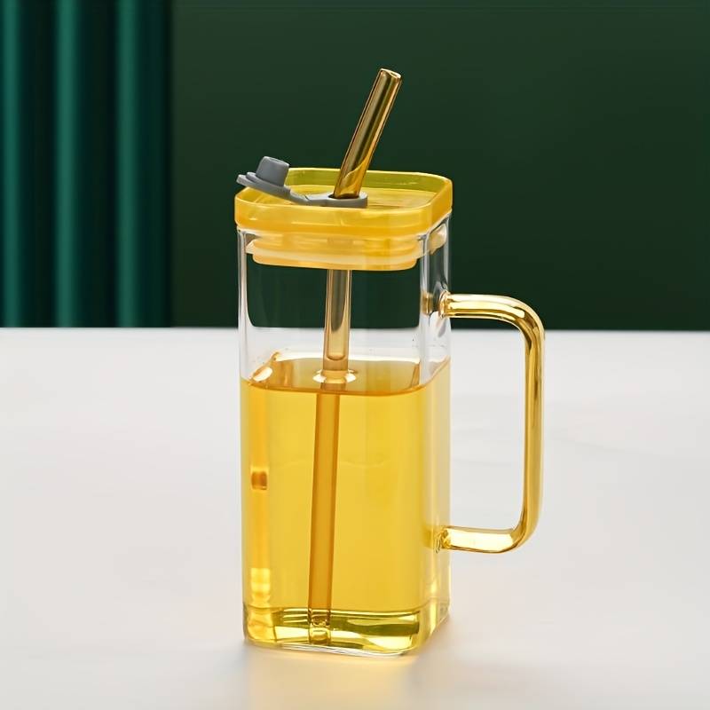 Square Printed Glass Cups with Lids and Straws with Colored - 400ML (Pack Of 4)