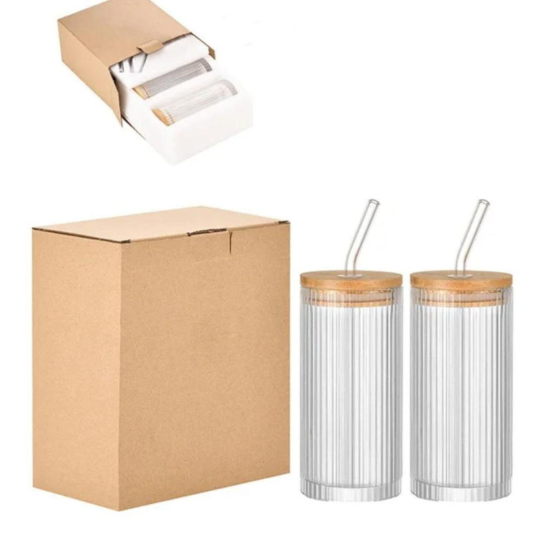 Vertical Stripe Glass Tumbler with Straw and Lid - Pack of 02 (500ML)