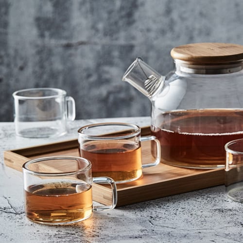 Borosilicate Tea Pot with Tea Mugs with Handle and Wooden Tray