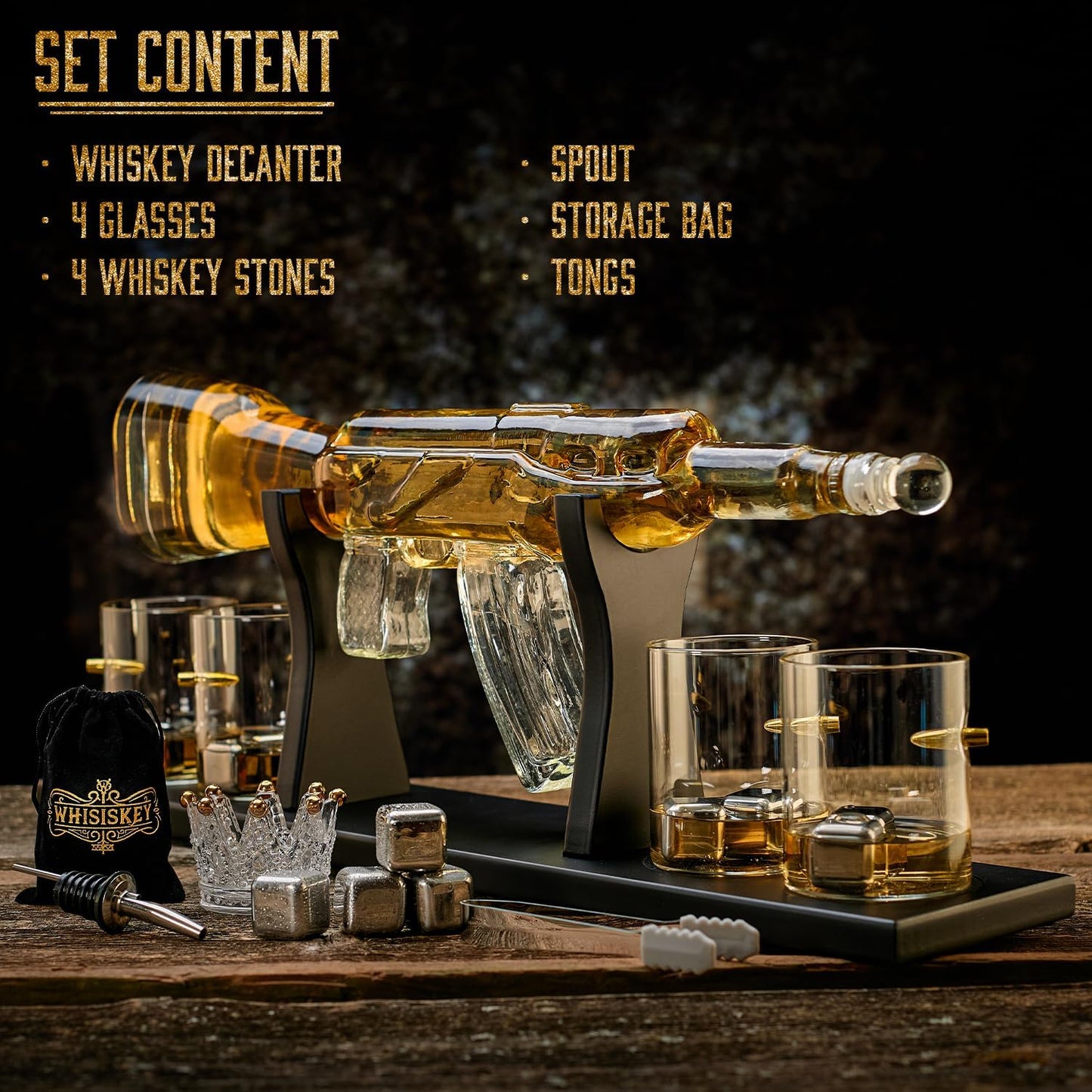 Gun With Bullets Whiskey  Large Decanter Set With 4 Bullet Whiskey Glasses - 1000ML