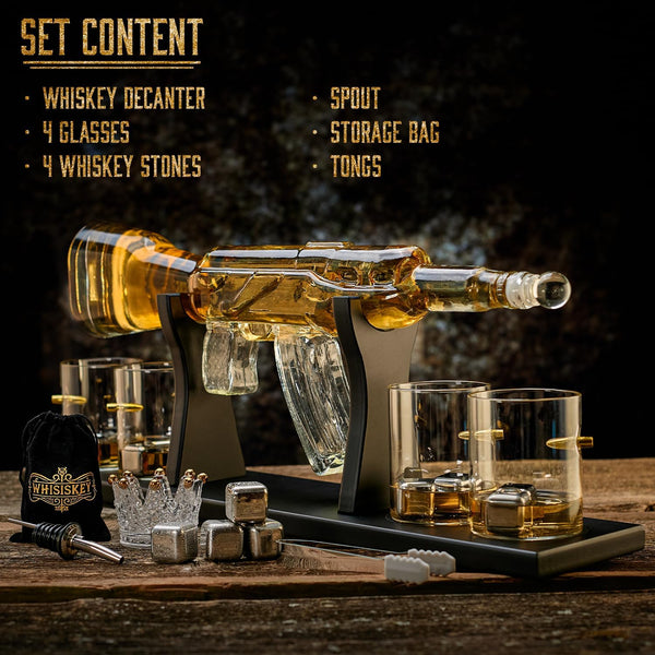 Gun With Bullets Whiskey  Large Decanter Set With 4 Bullet Whiskey Glasses - 1000ML