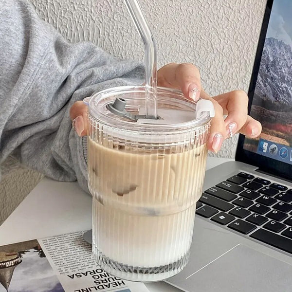 Glass Tumbler with Straw and Lid - 500ML (1 Pcs)