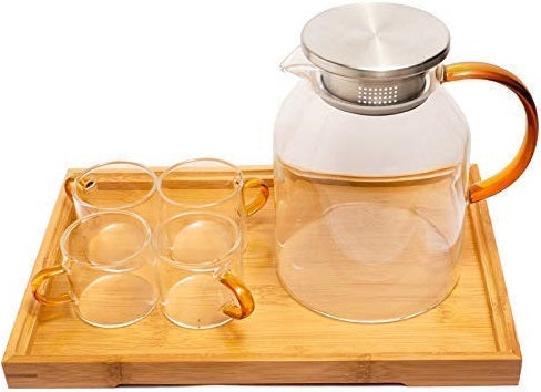 Borosilicate Tea Pot with Tea Mugs with Handle and Wooden Tray