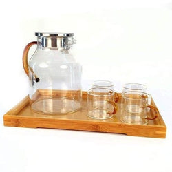 Borosilicate Tea Pot with Tea Mugs with Handle and Wooden Tray