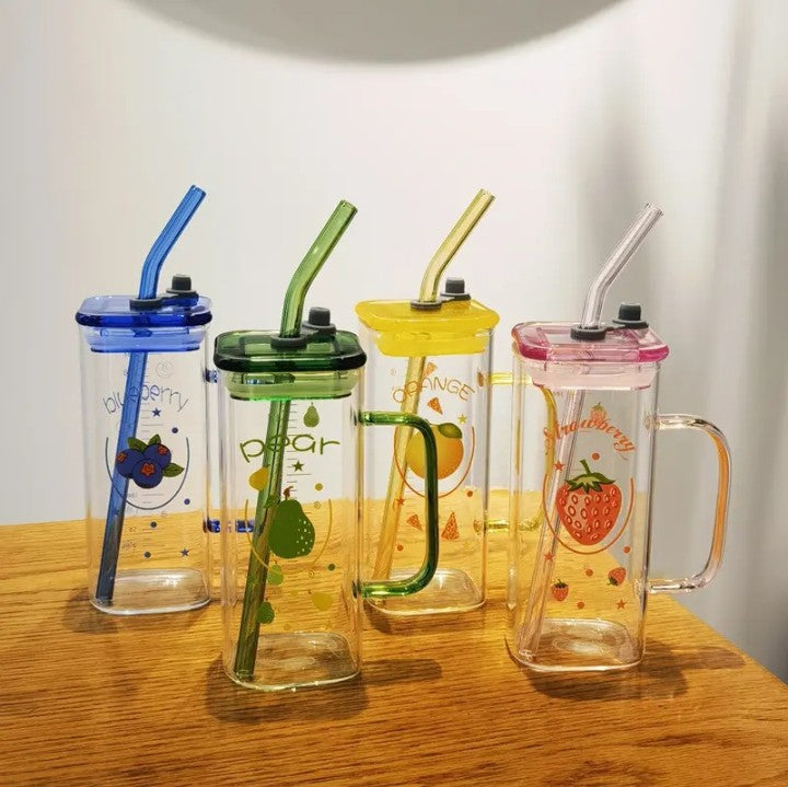 Square Printed Glass Cups with Lids and Straws with Colored - 400ML (Pack Of 4)