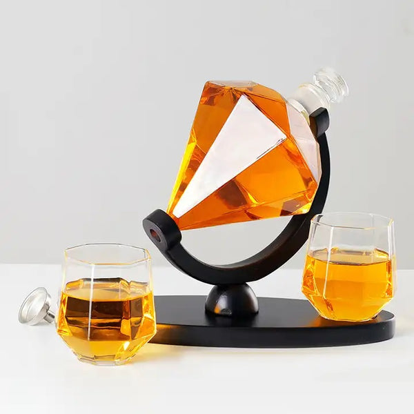 Diamond Whiskey Decanter Set with 2 Glasses and Wood Stand - 1000ML