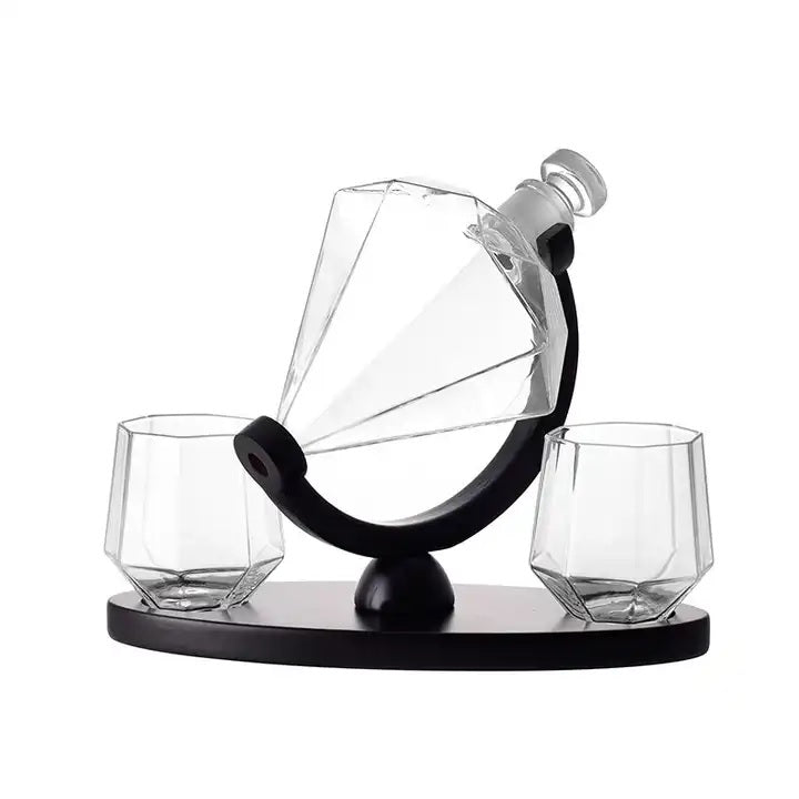 Diamond Whiskey Decanter Set with 2 Glasses and Wood Stand - 1000ML