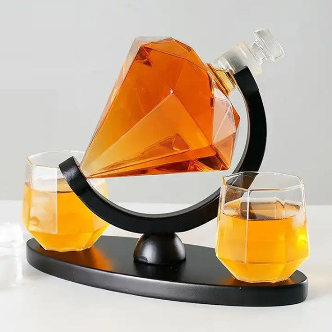 Diamond Whiskey Decanter Set with 2 Glasses and Wood Stand - 1000ML