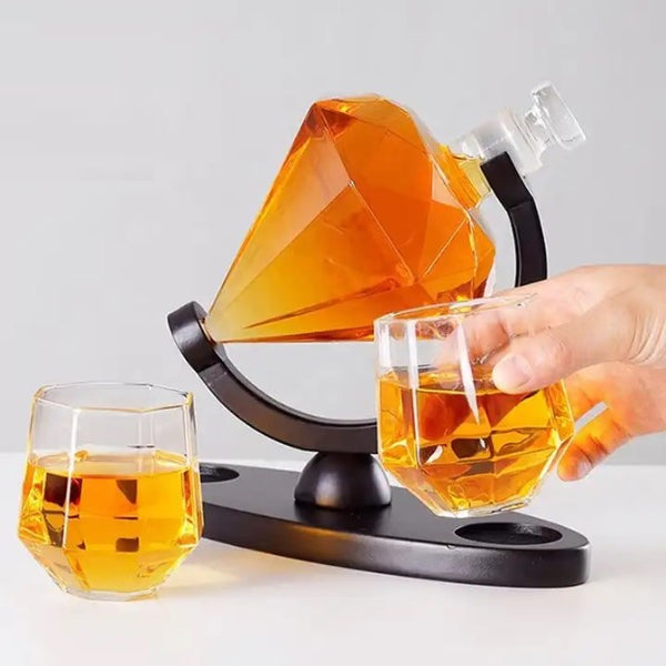 Diamond Whiskey Decanter Set with 2 Glasses and Wood Stand - 1000ML