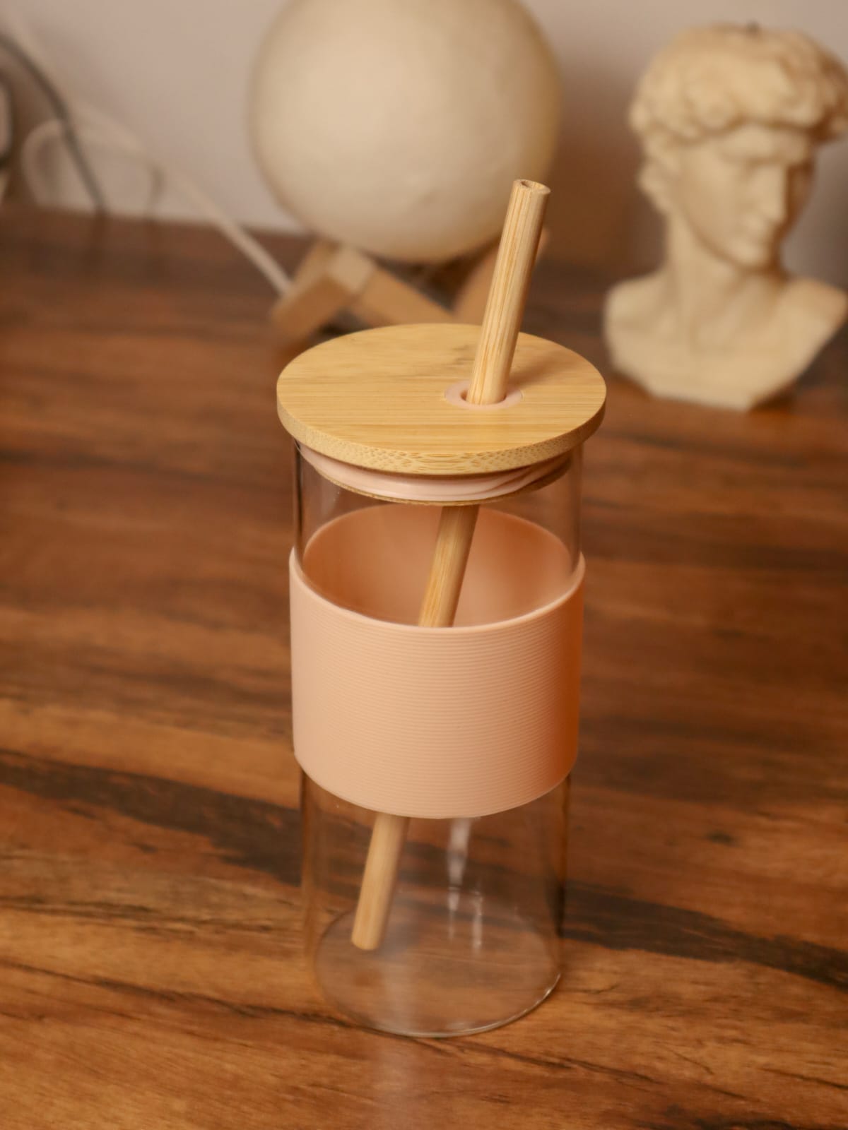 Glass Sipper with Silicon Straw & Bamboo lid - 400ML (1 Pcs)