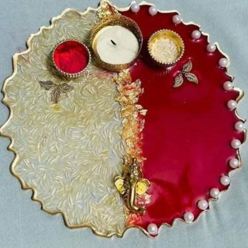 Resin Handmade Arti Thali, Decorative Pooja thali Set - Red Rice with Ganesh