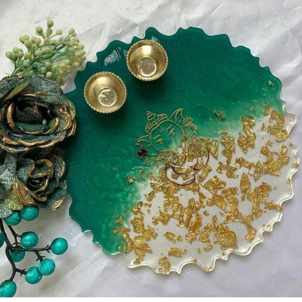 Resin Handmade Arti Thali, Decorative Pooja thali Set - Green