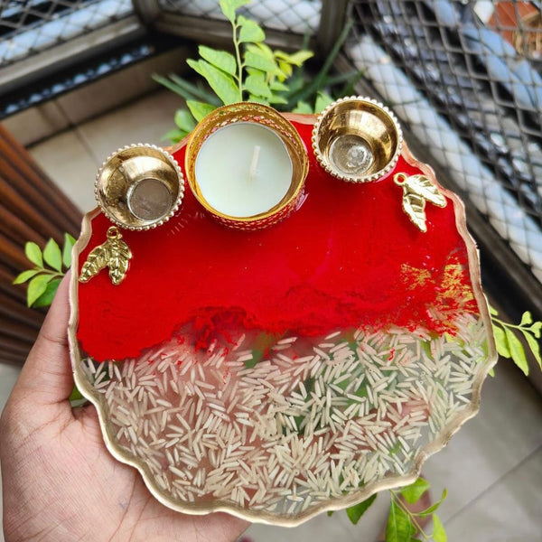 Resin Handmade Arti Thali, Decorative Pooja thali Set - Red Rice