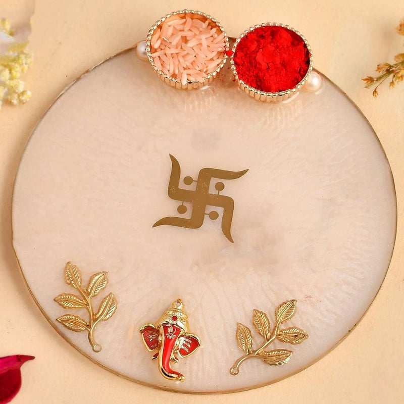 Resin Handmade Arti Thali, Decorative Pooja thali Set -  Off White symbol of Saathiya