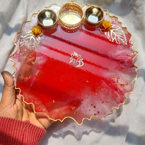 Resin Handmade Arti Thali, Decorative Pooja thali Set - Red