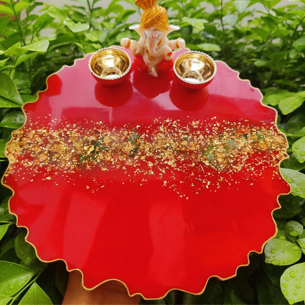 Resin Handmade Arti Thali, Decorative Pooja thali Set - Red Ganesh