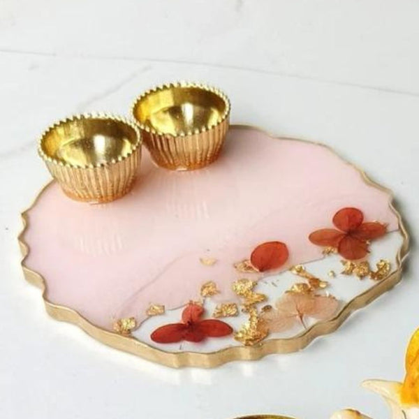 Resin Handmade Arti Thali, Decorative Pooja thali Set - Pink Flower