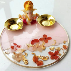 Resin Handmade Arti Thali, Decorative Pooja thali Set - Flower with Ganesh