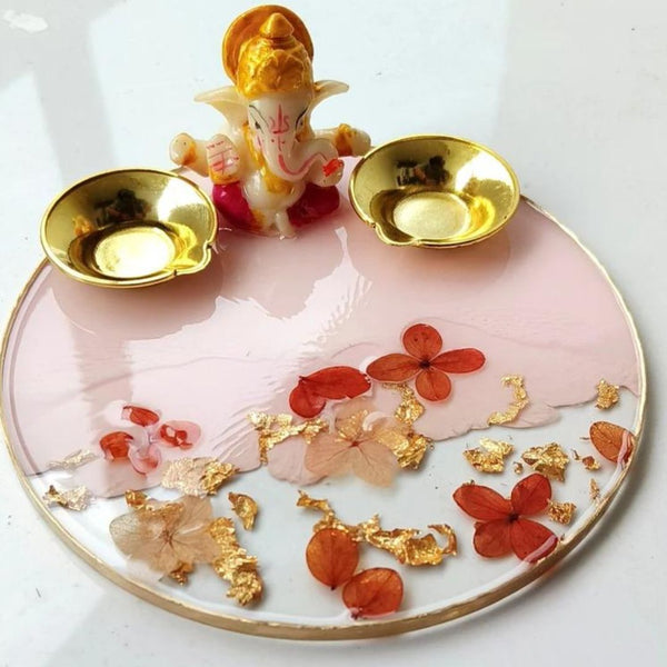 Resin Handmade Arti Thali, Decorative Pooja thali Set - Flower with Ganesh