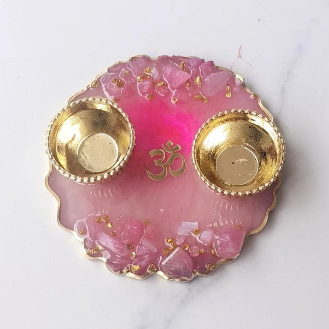 Resin Handmade Arti Thali, Decorative Pooja thali Set - Pink Stone