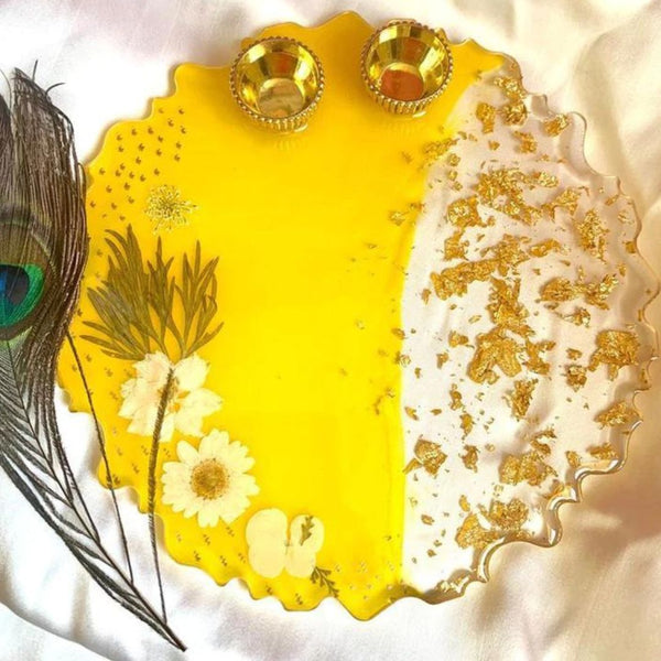Resin Handmade Arti Thali, Decorative Pooja thali Set - Yellow