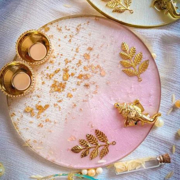 Resin Handmade Arti Thali, Decorative Pooja thali Set - Pink with Ganesh