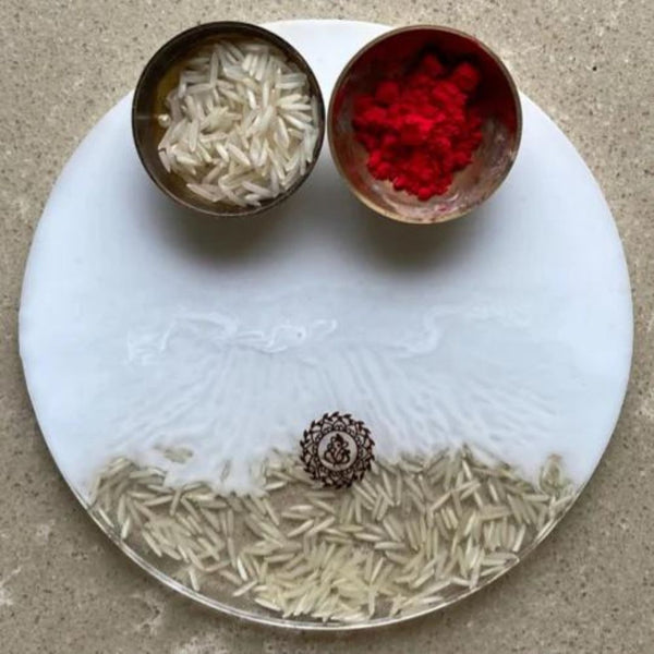 Resin Handmade Arti Thali, Decorative Pooja thali Set - White Rice