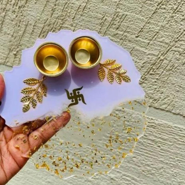 Resin Handmade Arti Thali, Decorative Pooja thali Set - White Leaf